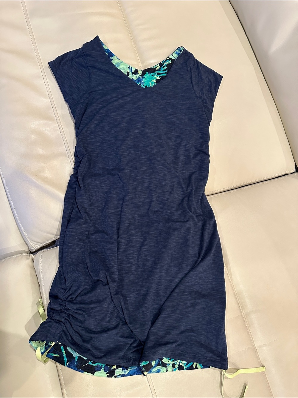 Title Nine reversible cotton Navy/Teal Floral active Dress with ruching ties